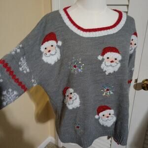 Christmas Sweater Women's L 3D Santas Sequins Faux Fur High-Low Oversized Tunic